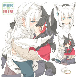 Rule 34 | 2girls, animal ears, aqua eyes, black bow, black hair, blush, bow, braid, brown eyes, character name, commentary request, extra ears, eye contact, face-to-face, fox ears, fox girl, fox tail, grey hair, hair bow, highres, hololive, jewelry, long hair, looking at another, multicolored hair, multiple girls, multiple views, ookami mio, ookami mio (street), open mouth, red hair, ring, shirakami fubuki, shirakami fubuki (street), side braid, streaked hair, sweat, tail, tataki tuna, twitter username, virtual youtuber, white background, white hair, wolf girl, yuri