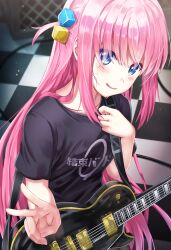 Rule 34 | 1girl, black shirt, blue eyes, blush, bocchi the rock!, checkered floor, cube hair ornament, electric guitar, gibson les paul, gotoh hitori, guitar, hair ornament, highres, holding, holding instrument, instrument, long hair, nonoa-cg, one side up, open mouth, pink hair, shirt, short sleeves, smile, solo, speaker, standing, sweat, upper body, v, very long hair