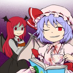 Rule 34 | 2girls, :&gt;, ;d, bat wings, blood, blood on clothes, blue hair, book, hugging book, bow, collared shirt, commentary request, cup, dress shirt, empty eyes, gradient background, hat, hat bow, head wings, holding, holding book, koakuma, long hair, long sleeves, looking at another, looking at viewer, mob cap, multiple girls, nail polish, necktie, hugging object, one eye closed, open book, open mouth, pekamatu, red eyes, red hair, red neckwear, remilia scarlet, sharp teeth, shirt, short hair, simple background, skirt, skirt set, smile, sweat, teacup, teeth, touhou, turn pale, white shirt, wings