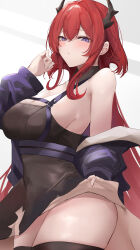 Rule 34 | 1girl, absurdres, arknights, bare shoulders, black dress, black thighhighs, breasts, cleavage, commentary, cowboy shot, dress, hand up, highres, horns, kunizaki, large breasts, long hair, looking at viewer, off shoulder, purple eyes, red hair, solo, standing, surtr (arknights), thick thighs, thighhighs, thighs, very long hair