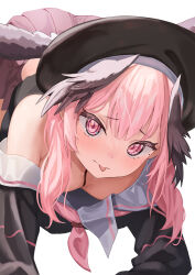 Rule 34 | 1girl, absurdres, beret, black hat, black shirt, black wings, blue archive, breasts, feathered wings, gisi (gicgic draw), hat, highres, koharu (blue archive), long hair, long sleeves, neckerchief, pink eyes, pink hair, pink neckerchief, sailor collar, sailor shirt, shirt, simple background, small breasts, solo, twintails, white background, white sailor collar, wings