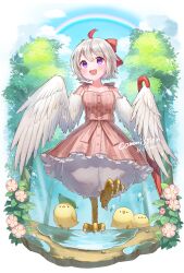 Rule 34 | 1girl, absurdres, ahoge, artist name, bare shoulders, bird, bird legs, bow, commentary, commission, dress, feathered wings, feathers, flower, forest, hair between eyes, hair bow, harpy, highres, holding, holding umbrella, leaf, leaf on head, miyamo (fumifumi no ura), monster girl, multicolored hair, nature, open mouth, original, outdoors, pink dress, pink flower, puddle, purple eyes, rainbow, red bow, red hair, sleeveless, sleeveless dress, splashing, talons, tori (tama), tree, two-tone hair, umbrella, walking, white feathers, white hair, white wings, winged arms, wings