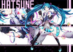 Rule 34 | &gt;:), 1girl, aqua hair, black gloves, blue eyes, gloves, half gloves, hatsune miku, headgear, highres, holding, long hair, looking at viewer, microphone, nez n, solo, twintails, v-shaped eyebrows, very long hair, vocaloid, zoom layer