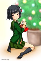 Rule 34 | black hair, black socks, christmas stocking, christmas tree, commentary request, from behind, green jacket, green sailor collar, green skirt, hair ribbon, ishigaki (kancolle), jacket, kantai collection, kneehighs, kudou (ooabareteng), long sleeves, looking at viewer, looking back, neck ribbon, one-hour drawing challenge, pleated skirt, red eyes, red ribbon, ribbon, sailor collar, school uniform, serafuku, short hair, sitting, skirt, socks, solo, wariza, white ribbon