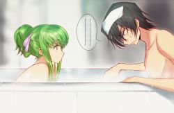 Rule 34 | 1boy, 1girl, alternate hairstyle, bath, bathtub, black hair, c.c., code geass, commentary, completely nude, couple, creayus, from side, green hair, lelouch vi britannia, looking at another, mixed-sex bathing, nude, profile, purple eyes, shared bathing, sweatdrop, yellow eyes