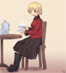 Rule 34 | 10s, 1girl, adapted uniform, artist name, black footwear, black skirt, blonde hair, blue eyes, boots, braid, braided bun, commentary, cup, darjeeling (girls und panzer), dated, emblem, epaulettes, from side, girls und panzer, hair bun, holding, jacket, long sleeves, medium skirt, military, military uniform, open mouth, pleated skirt, red jacket, saucer, short hair, signature, sitting, skirt, smile, solo, st. gloriana&#039;s military uniform, steam, table, teacup, teapot, tessaku ro, uniform, wooden chair, wooden table