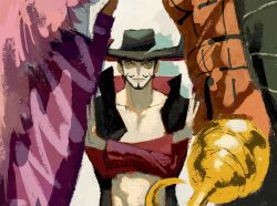 3boys beard black_hat closed_mouth coat commentary crocodile_(one_piece) dazuzuzu donquixote_doflamingo dracule_mihawk facial_hair hat hat_feather height_difference high_collar highres hook_hand looking_at_viewer male_focus multiple_boys one_piece orange_vest short_hair symbol-only_commentary vest yellow_eyes