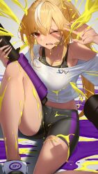 Rule 34 | 1girl, absurdres, bike shorts, black bra, black shorts, blonde hair, bra, breast press, breasts, cleavage, crotch seam, dark-skinned female, dark skin, elf, high ponytail, highres, hololive, large breasts, long hair, looking at viewer, multicolored hair, nintendo, off-shoulder shirt, off shoulder, one eye closed, open mouth, oversized clothes, oversized shirt, paint, paint on body, paint on clothes, paint splatter, paint splatter on face, pointy ears, ponytail, red eyes, see-through, shiranui flare, shirt, shoes, short shorts, shorts, single bare shoulder, sneakers, solo, somebody (leiking00), splatoon (series), sports bra, streaked hair, suggestive fluid, super soaker, tears, underwear, virtual youtuber, white hair, white shirt, wince