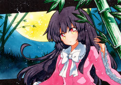 Rule 34 | 1girl, bamboo, black border, black hair, blouse, blue background, border, bow, eyes visible through hair, hair between eyes, hand up, houraisan kaguya, long hair, long sleeves, looking at viewer, moon, multicolored eyes, no headwear, open mouth, pink shirt, pink sleeves, qqqrinkappp, red eyes, shirt, solo, touhou, traditional media, white bow, white neckwear, yellow eyes, yellow moon
