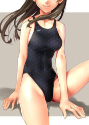Rule 34 | 1girl, brown hair, competition swimsuit, head out of frame, katahira masashi, long hair, one-piece swimsuit, original, simple background, smile, solo, swimsuit