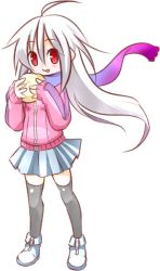 Rule 34 | 100 percent orange juice, 1girl, ahoge, blue footwear, blue skirt, blush, boots, closed mouth, commentary request, food, full body, gradient scarf, grey thighhighs, hair between eyes, holding, holding food, hono, jacket, licking lips, long hair, long sleeves, looking at viewer, official art, pink jacket, pink scarf, pleated skirt, purple scarf, red eyes, scarf, simple background, skirt, sleeves past wrists, solo, standing, suguri, suguri (orange juice), thighhighs, tongue, tongue out, very long hair, white background, white hair