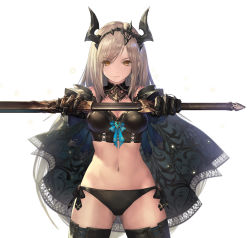 Rule 34 | &gt;:(, 1girl, absurdres, arms up, bikini, black bikini, black cape, black ribbon, black thighhighs, breasts, brown hair, cape, cleavage, closed mouth, commentary request, cowboy shot, gauntlets, highres, holding, holding hands, holding sword, holding weapon, large breasts, legs apart, long hair, looking at viewer, navel, orange eyes, original, outstretched arms, parted bangs, pink lips, ribbon, sheath, sheathed, side-tie bikini bottom, simple background, solo, stomach, swimsuit, sword, tachikawa mushimaro, thighhighs, tiara, very long hair, weapon, white background