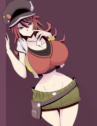 Rule 34 | 1girl, absurdres, alternate breast size, bad anatomy, breasts, brown eyes, cabbie hat, commission, commissioner upload, crop top, cross, cross necklace, fanny pack, green skirt, hat, highres, hood, hooded jacket, huge breasts, jacket, jewelry, m-a-v-e-r-i-c-k, midriff, miniskirt, misaki shiki, narrow waist, navel, necklace, red hair, skirt, solo, stomach, subarashiki kono sekai, wide hips, wristband