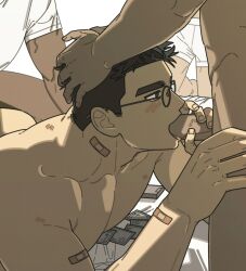 Rule 34 | 3boys, bandaid, bandaid on arm, bara, blush, boxers, condom, condom wrapper, erection, fellatio, glasses, hand in another&#039;s hair, hands on another&#039;s head, highres, large pectorals, male focus, male underwear, multiple boys, muscular, muscular male, na-eun (ejdbvaaqup08jfy), nude, oral, original, pectorals, penis, round eyewear, short hair, solo focus, thick eyebrows, underwear, yaoi
