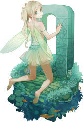 Rule 34 | 1girl, ayako (sizukani), back, bad id, bad pixiv id, bare legs, bare shoulders, barefoot, blonde hair, blue eyes, dress, fairy, fairy wings, faux figurine, feet, fish, kneeling, looking back, original, partially submerged, pointy ears, see-through, sizukani, skirt, soaking feet, solo, stone, twintails, water, white dress, white skirt, wings