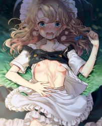 Rule 34 | 1girl, after rape, aftersex, apron, aqua eyes, black skirt, blue bow, blush, bow, braid, breasts, breath, crying, crying with eyes open, cum, cum on body, cum on stomach, hair bow, hat, kirisame marisa, long hair, looking at viewer, lying, nipples, on back, on grass, on ground, open mouth, outdoors, shirt, single braid, skirt, small breasts, solo, tears, teeth, touhou, touya (konpekitou), vest, white shirt, witch hat
