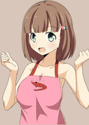 Rule 34 | 10s, 1girl, apron, bare shoulders, blush, breasts, brown hair, cleavage, green eyes, high school fleet, highres, kinesaki homare, large breasts, looking at viewer, open mouth, smile, solo, upper body