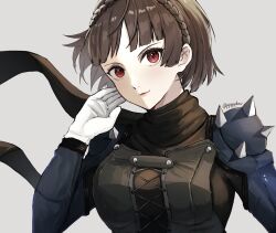 Rule 34 | 1girl, black scarf, blunt bangs, braid, breasts, brown hair, crown braid, gloves, grey background, highres, large breasts, looking at viewer, niijima makoto, persona, persona 5, pppppknw, red eyes, scarf, short hair, shoulder spikes, simple background, smile, solo, spikes, vest, white gloves