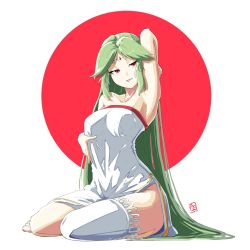 Rule 34 | 1girl, arm up, armpits, automatic giraffe, bare shoulders, breasts, commentary, dress, english commentary, forehead jewel, green hair, jewelry, kid icarus, kid icarus uprising, long hair, looking at viewer, medium breasts, nintendo, palutena, parted bangs, parted lips, red eyes, seductive smile, seiza, signature, simple background, single thighhigh, sitting, smile, solo, strapless, strapless dress, thighhighs, very long hair, white dress