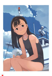 Rule 34 | 1girl, black eyes, black hair, boat, cloud, day, flat chest, highres, long hair, new school swimsuit, one-piece swimsuit, original, school swimsuit, sitting, smile, solo, swimsuit, takamichi, watercraft