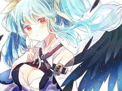Rule 34 | 1girl, aqua hair, bare shoulders, belt, black wings, blush, breasts, cleavage, cleavage cutout, closed mouth, clothing cutout, commentary request, diamond-shaped pupils, diamond (shape), dizzy (guilty gear), expressionless, finger to cheek, guilty gear, guilty gear xrd, hair between eyes, hair ribbon, hair rings, kino-cands, large breasts, long hair, looking at viewer, medium breasts, red eyes, ribbon, sidelocks, solo, symbol-shaped pupils, twintails, upper body, wide sleeves, wings, yellow ribbon