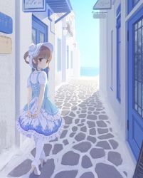 Rule 34 | 1girl, alc (ex2 lv), arms behind back, bad id, bad pixiv id, balcony, blue dress, blue theme, bonnet, brown eyes, brown hair, door, dress, eyebrows, french text, frilled dress, frills, high heels, highres, lolita fashion, looking at viewer, looking back, ocean, original, outdoors, own hands together, pantyhose, pavement, road, shoes, sign, solo, street, tareme, translated, walking, white footwear, white heels, window
