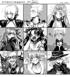 Rule 34 | ..., 4boys, 5girls, ^^^, animal ears, archer (fate), armor, artoria pendragon (all), artoria pendragon (fate), aruti, bare shoulders, black hair, blush, breasts, bug, butterfly, choker, cleavage, commentary request, dark-skinned male, dark skin, earrings, edmond dantes (fate), facial hair, facial mark, fangs, fate/grand order, fate (series), fedora, flying sweatdrops, forehead mark, fujimaru ritsuka (female), fujimura taiga, gilgamesh (fate), glasses, gloves, greyscale, hair over one eye, hair ribbon, hat, highres, hoop earrings, insect, ishtar (fate), jaguarman (fate), james moriarty (archer) (fate), jewelry, long hair, long sleeves, looking at viewer, looking away, medjed (fate), medusa (fate), medusa (rider) (fate), meltryllis (fate), monochrome, multiple boys, multiple girls, mustache, one eye closed, open mouth, parted bangs, pointing, pointing at viewer, ribbon, saber alter, short hair, sweatdrop, tohsaka rin, translation request, twintails, very long hair, very long sleeves, white hair