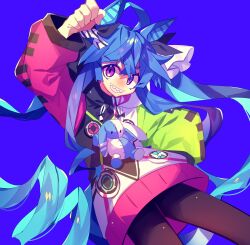 Rule 34 | 1girl, ahoge, animal ears, aqua hair, arm up, blue background, blue hair, bow, brown pantyhose, commentary, cowboy shot, crossed bangs, drawstring, grin, hair bow, heterochromia, highres, hood, hoodie, horse ears, horse girl, horse tail, long hair, long sleeves, looking at viewer, multicolored clothes, multicolored hair, multicolored hoodie, pantyhose, pink eyes, purple eyes, raised fist, ringed eyes, sharp teeth, sidelocks, simple background, smile, solo, striped bow, stuffed animal, stuffed rabbit, stuffed toy, stylishtrash, symbol-only commentary, tail, teeth, twin turbo (umamusume), twintails, two-tone hair, umamusume, very long hair