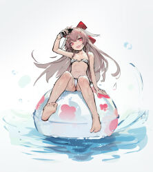 Rule 34 | 1girl, absurdres, ahoge, alternate costume, animal ears, arm up, ball, bare arms, bare legs, bare shoulders, barefoot, beachball, bikini, bottle, bow, bracelet, breasts, commentary request, eiroyi, floating hair, floppy ears, flower, from below, full body, glowing pupils, hair between eyes, hair bow, hair flower, hair ornament, hair tubes, hairpin, head tilt, highres, holding, holding bottle, indie virtual youtuber, jewelry, long hair, looking at viewer, lop rabbit ears, navel, o-ring, o-ring top, open mouth, pink eyes, pink hair, pouring, pouring onto self, rabbit ears, rabbit hair ornament, red bow, red pupils, shirako (vtuber), side-tie bikini bottom, sitting, sitting on ball, sketch, small breasts, smile, solo, splashing, stomach, strapless, strapless bikini, suggestive fluid, swimsuit, virtual youtuber, water, wet, white background, white bikini