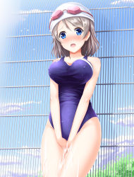 Rule 34 | 1girl, blue eyes, blue one-piece swimsuit, blush, competition swimsuit, covered erect nipples, covering privates, covering crotch, cowboy shot, fence, goggles, goggles on head, grey hair, highres, kyamu (qqea92z9n), looking at viewer, love live!, love live! sunshine!!, one-piece swimsuit, open mouth, purple one-piece swimsuit, sexually suggestive, short hair, solo, standing, swim cap, swimsuit, watanabe you, wet, wet clothes, wet swimsuit