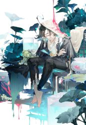 Rule 34 | 1boy, arknights, ascot, barefoot, black coat, black hair, black pants, blue ascot, blue hair, closed mouth, coat, collared shirt, commentary, dongsheng, earrings, half-closed eyes, highres, jewelry, lumen (arknights), male focus, multicolored hair, pants, plant, pointy ears, shirt, short hair, simple background, sitting, smile, solo, two-tone hair, white background, white shirt, yellow eyes