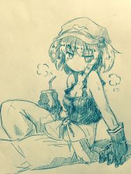 Rule 34 | 1girl, :/, blush, breasts, cleavage, closed mouth, clothes around waist, commentary request, cup, drinking straw, efukei, gloves, hair bobbles, hair ornament, hat, holding, holding cup, jumpsuit, kawashiro nitori, looking at viewer, medium breasts, monochrome, one-hour drawing challenge, pants, sitting, solo, sweat, tank top, touhou, traditional media, twintails, two side up
