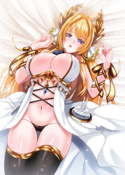 Rule 34 | 1girl, azur lane, black panties, black thighhighs, blonde hair, blue eyes, blue gemstone, breasts, center opening, chain, covered erect nipples, dress, fuyuki jun, gem, gold chain, highres, large breasts, laurel crown, long hair, looking at viewer, lying, on back, open clothes, open dress, panties, solo, thigh gap, thighhighs, underwear, victorious (azur lane), white dress