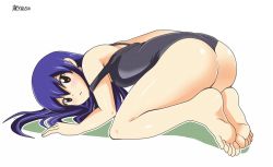 Rule 34 | 1girl, ass, barefoot, blue hair, brown eyes, dmayaichi, fairy tail, feet, female focus, flat chest, one-piece swimsuit, patreon, simple background, soles, solo, swimsuit, toes, wedgie, wendy marvell