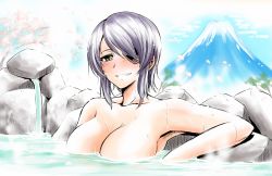 Rule 34 | 10s, 1girl, arm up, blush, breasts, eyepatch, female focus, kanno takanori, kantai collection, large breasts, mountain, nude, onsen, parted lips, partially submerged, purple hair, short hair, sketch, smile, solo, tenryuu (kancolle), water, yellow eyes