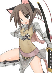 Rule 34 | 1girl, animal ears, armor, blush, boots, brown eyes, brown hair, cape, cat ears, cross, gauntlets, jewelry, katana, knight (ragnarok online), long hair, morino donguri, necklace, open mouth, ponytail, ragnarok online, sheath, shoulder pads, solo, sword, weapon