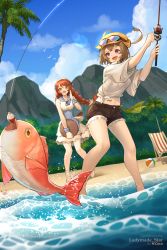 Rule 34 | 2girls, :d, animal, arm up, ball, beach chair, beachball, bird, black shorts, blue sailor collar, blue sky, braid, breasts, brown eyes, brown hair, cabbie hat, character request, cloud, commentary, commission, day, dragalia lost, dress, english commentary, fang, fish, fishing, fishing hook, fishing line, fishing rod, francesca (dragalia lost), goggles, goggles on headwear, hand up, hat, hentaki, highres, holding, holding fishing rod, long hair, low twintails, medium breasts, midriff, mountain, multiple girls, navel, nina (dragalia lost), open mouth, outdoors, palm tree, purple eyes, sailor collar, sailor dress, sandals, shirt, short shorts, short sleeves, shorts, sky, sleeveless, sleeveless dress, smile, standing, tied shirt, tree, twin braids, twintails, very long hair, white dress, white footwear, white shirt, yellow headwear
