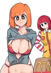 Rule 34 | 2girls, absurdres, alternate breast size, bikini, blunt bangs, breasts, closed mouth, clothes lift, collarbone, commentary, dashi (dashiart), drawstring, english commentary, food, french fries, genderswap, genderswap (mtf), highres, large breasts, long sleeves, mcdonald&#039;s, mother (yoru mac), mother (yoru mac), multiple girls, orange hair, red bikini, red hair, ronald mcdonald, shirt lift, short hair, simple background, smile, swimsuit, white background, yoru mac