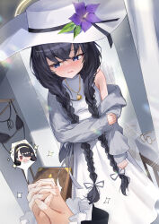 Rule 34 | 2girls, absurdres, alternate costume, bikini, black bikini, black hair, blue archive, blue eyes, blush, bow, braid, cardigan, commentary request, dress, embarrassed, female pov, glasses, gold necklace, grey bow, grey cardigan, hair bow, halo, hat, highres, hinata (blue archive), jewelry, korean commentary, long hair, looking to the side, low twin braids, multiple girls, narrowed eyes, necklace, off shoulder, open cardigan, open clothes, open mouth, own hands clasped, own hands together, pov, pov hands, red eyes, round eyewear, sangnoksu, solo focus, sparkling eyes, sun hat, sweatdrop, swimsuit, twin braids, ui (blue archive), unworn bikini, unworn eyewear, very long hair, wavy mouth, white dress, white hat, wide brim