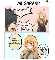 Rule 34 | 1boy, 1girl, 2koma, abineko, artist name, blonde hair, blush, breasts, comic, commander (girls&#039; frontline), commentary, embarrassed, english text, flying sweatdrops, girls&#039; frontline, green eyes, green neckwear, hair ornament, highres, long hair, long sleeves, m1 garand (girls&#039; frontline), medium breasts, necktie, open mouth, pantyhose, speech bubble