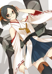 Rule 34 | 10s, 1girl, bare shoulders, black hair, black thighhighs, blush, boots, breasts, cannon, glasses, grey eyes, hairband, hoshimachi, japanese clothes, kantai collection, kirishima (kancolle), machino (nidavellir), miko, personification, short hair, skirt, smile, solo, thigh boots, thighhighs, turret