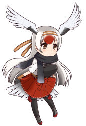 Rule 34 | 10s, 1girl, cosplay, gradient hair, hairband, head wings, japanese clothes, kantai collection, kemono friends, long hair, minase (takaoka nanase), multicolored hair, muneate, red-crowned crane (kemono friends), red hair, scarf, shoukaku (kancolle), shoukaku (kancolle) (cosplay), simple background, skirt, solo, white background, white hair, wings