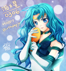 Rule 34 | 10s, 1990s (style), 1girl, 2014, aqua hair, bishoujo senshi sailor moon, blue background, blue eyes, brooch, choker, dated, elbow gloves, fch2009, gloves, gradient background, happy birthday, jewelry, kaiou michiru, long hair, magical girl, purple background, retro artstyle, sailor collar, sailor neptune, smile, solo, star brooch, super sailor neptune (stars), tiara, white gloves