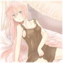 Rule 34 | 1girl, bed, blue eyes, blush, breasts, chemise, cleavage, female focus, frilled pillow, frills, indoors, long hair, medium breasts, megurine luka, nightgown, pillow, pink hair, solo, vocaloid, yoshioka mitsuko