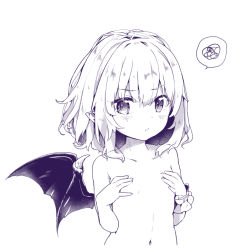 Rule 34 | &gt;:&lt;, 1girl, :&lt;, bad id, bad pixiv id, bat wings, blush, closed mouth, covering privates, covering breasts, eyebrows, flat chest, kedama milk, looking at viewer, looking to the side, monochrome, no headwear, nude, purple theme, remilia scarlet, simple background, solo, spoken squiggle, squiggle, touhou, upper body, v-shaped eyebrows, white background, wings, wrist cuffs