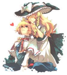Rule 34 | 2girls, alice margatroid, blonde hair, capelet, closed eyes, female focus, green eyes, hairband, hand on head, hand on shoulder, hat, heart, highres, kirisame marisa, multiple girls, smile, touhou, tsukimoto aoi, witch hat
