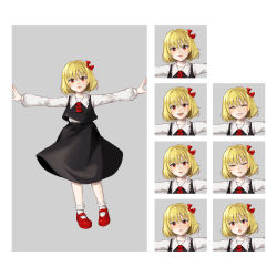 Rule 34 | 1girl, :d, angry, ascot, black skirt, black vest, blonde hair, border, character name, closed mouth, collarbone, collared shirt, commentary request, embodiment of scarlet devil, expression chart, closed eyes, fangs, frilled shirt collar, frills, full body, grey border, hair ribbon, highres, hoshiringo0902, lips, long sleeves, mary janes, open mouth, outstretched arms, red ascot, red eyes, red footwear, red ribbon, ribbon, rumia, sad, shirt, shoes, short hair, simple background, skirt, skirt set, smile, solo, standing, surprised, touhou, v-shaped eyebrows, vest, white background, white legwear, white shirt