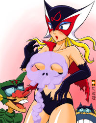 Rule 34 | 1girl, 2boys, blue eyes, blush, boyakki, breasts, cape, censored, cleavage, dated, doronjo, embarrassed, facial hair, gloves, gradient background, grin, lipstick, makeup, mochi-iri kinchaku, multiple boys, mustache, navel, nose, novelty censor, open mouth, shiny skin, simple background, smile, surprised, tagme, thighs, time bokan (series), tonzura, topless, torn clothes, wardrobe malfunction, yatterman