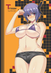 Rule 34 | 1girl, ayane (doa), bikini, bikini top only, blush, breasts, cleavage, curvy, darabuchi, dead or alive, covered erect nipples, large breasts, micro bikini, navel, purple hair, red eyes, short hair, shorts, solo, standing, swimsuit, thick thighs, thighs, wide hips