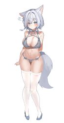 1girl ? absurdres animal_ears arm_behind_back bare_arms bare_shoulders beads blue_eyes bra breasts cleavage closed_mouth crotch_cutout expressionless fox_ears fox_girl fox_tail frilled_bra frills full_body grey_bra grey_choker grey_footwear grey_panties halterneck high_heels highleg highleg_panties highres lace lace-trimmed_bra lace_trim large_breasts lingerie looking_at_viewer mole mole_under_eye mole_under_mouth multi-strapped_panties navel original panties sayan short_hair side-tie_panties simple_background skindentation solo spoken_question_mark standing stomach string_bra string_panties tail thigh_gap thighhighs thighs underwear underwear_only white_background white_hair white_thighhighs